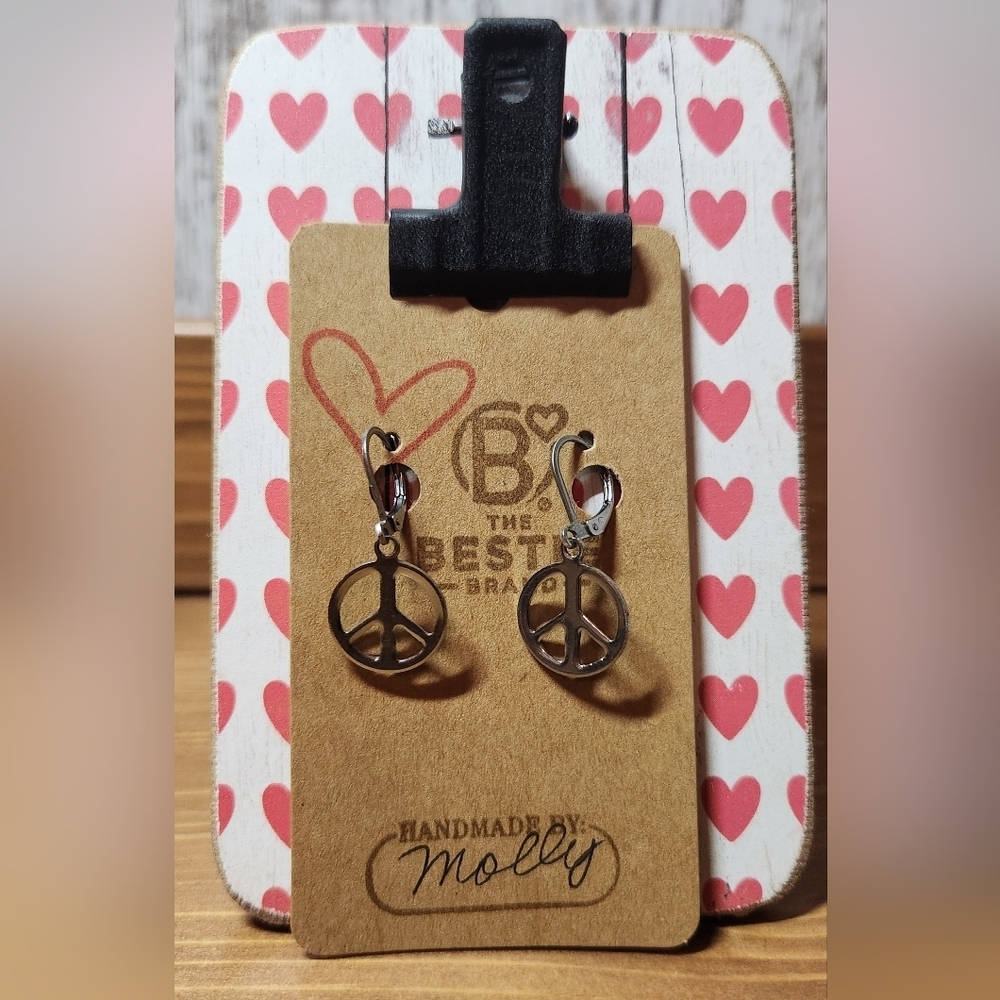 Handmade Silver in Color Dangle Drop Peace Sign Symbol Leverback Clasp Earrings